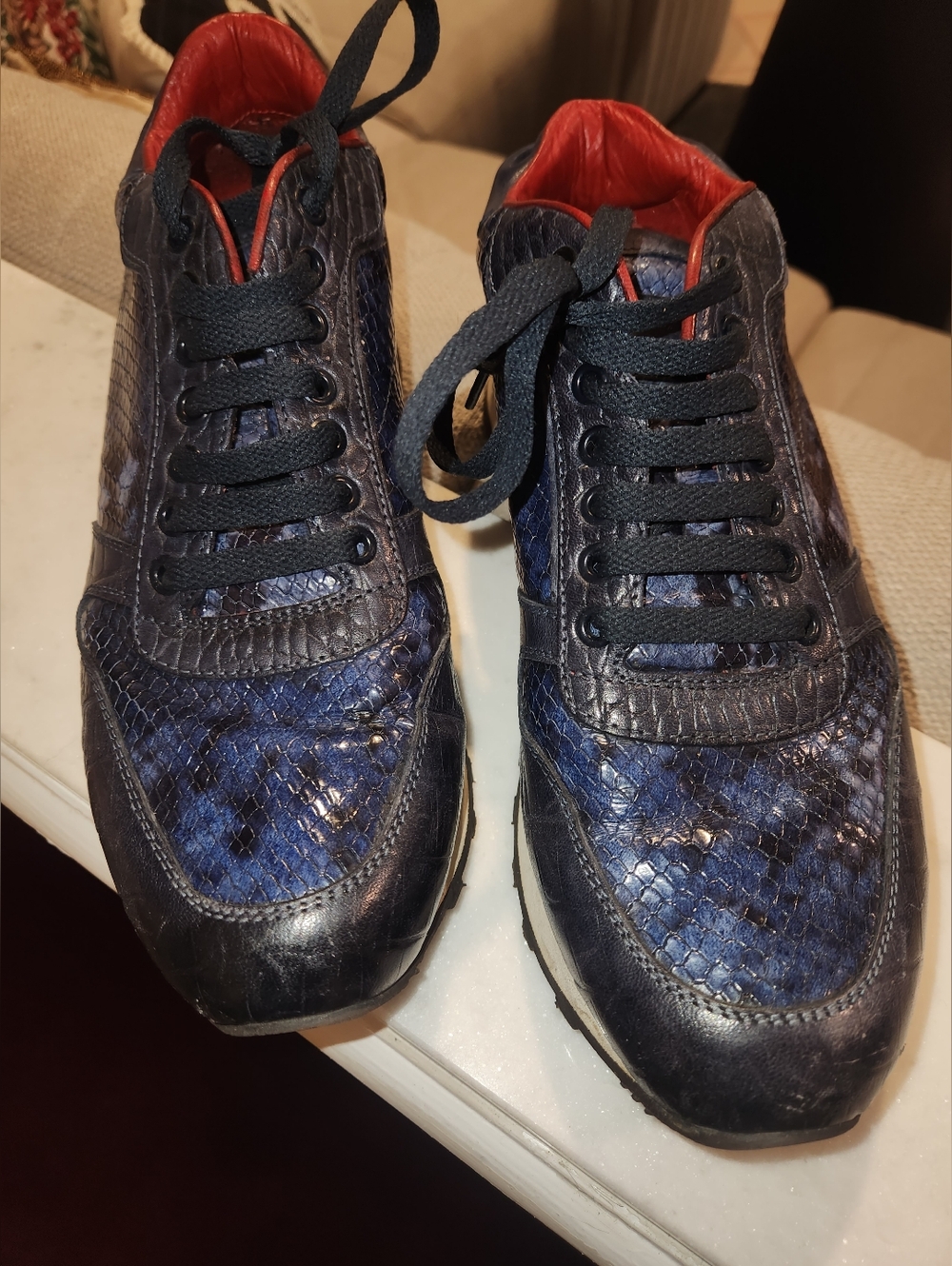 Women's Italian Leather Navy Blue Textured Sneakers